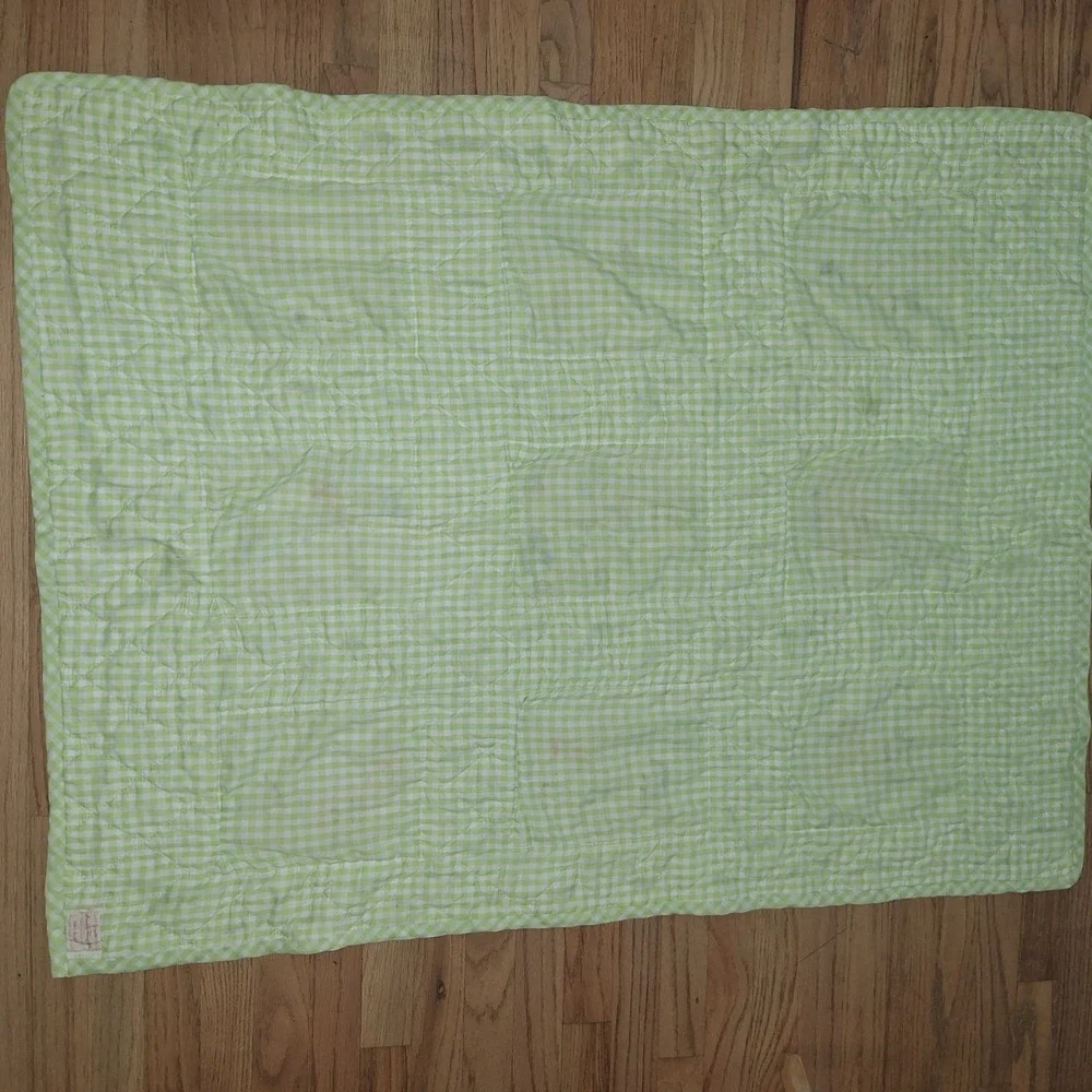 Vtg Quilt Baby Nursery Rhyme  Embroidered Block Gingham Green 4x3 Cottagecore